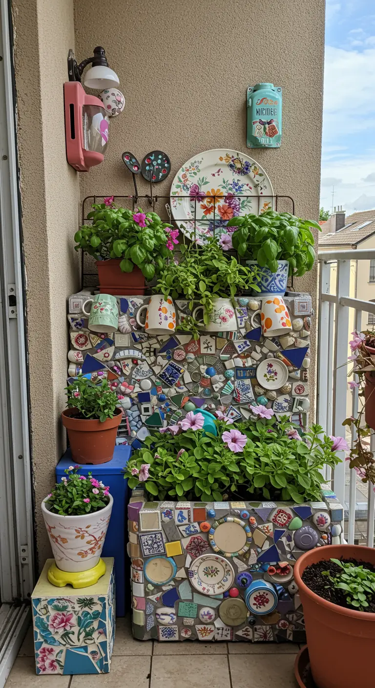 A tiered balcony shelf covered in a colorful mosaic of tiles and plates, holding potted herbs.