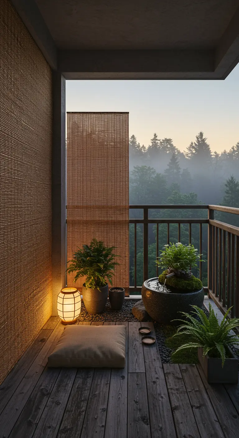Cozy balcony with bamboo blind, ferns, a small water feature, and a floor lantern.