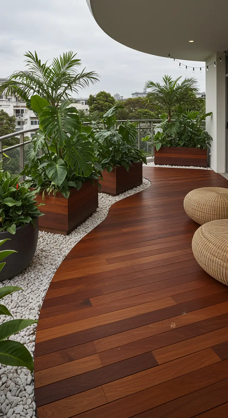 A curved wooden deck on a balcony with white pebbles and large planters.