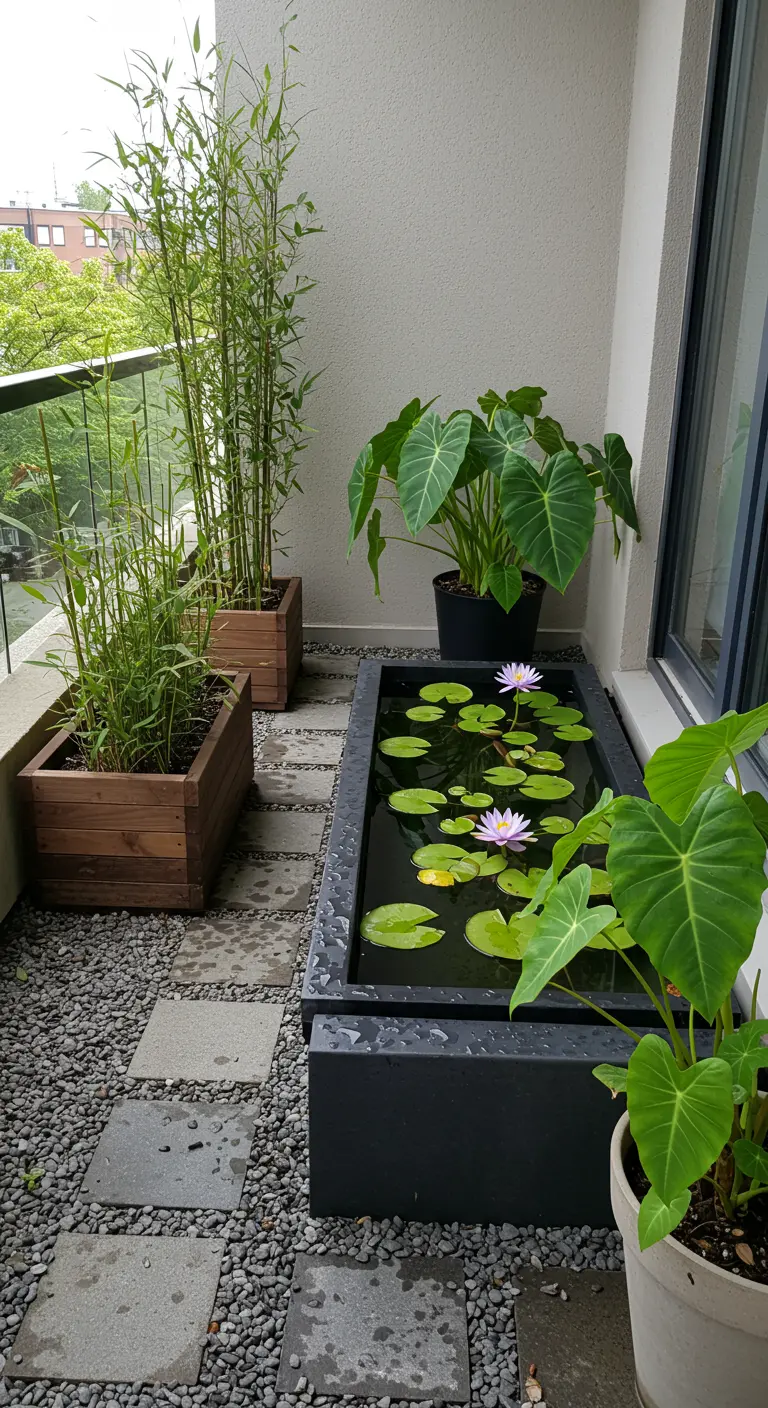 A small container pond with water lilies on a balcony garden.