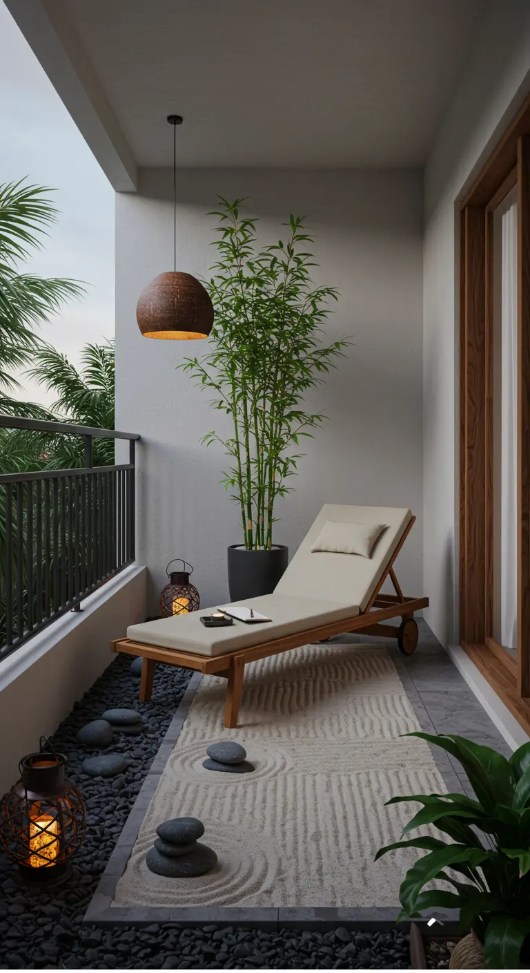 A balcony with a teak lounger next to a small sand and rock garden.