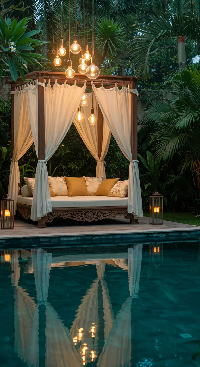 An ornate wooden daybed with cream curtains and a cluster of lights by a pool.