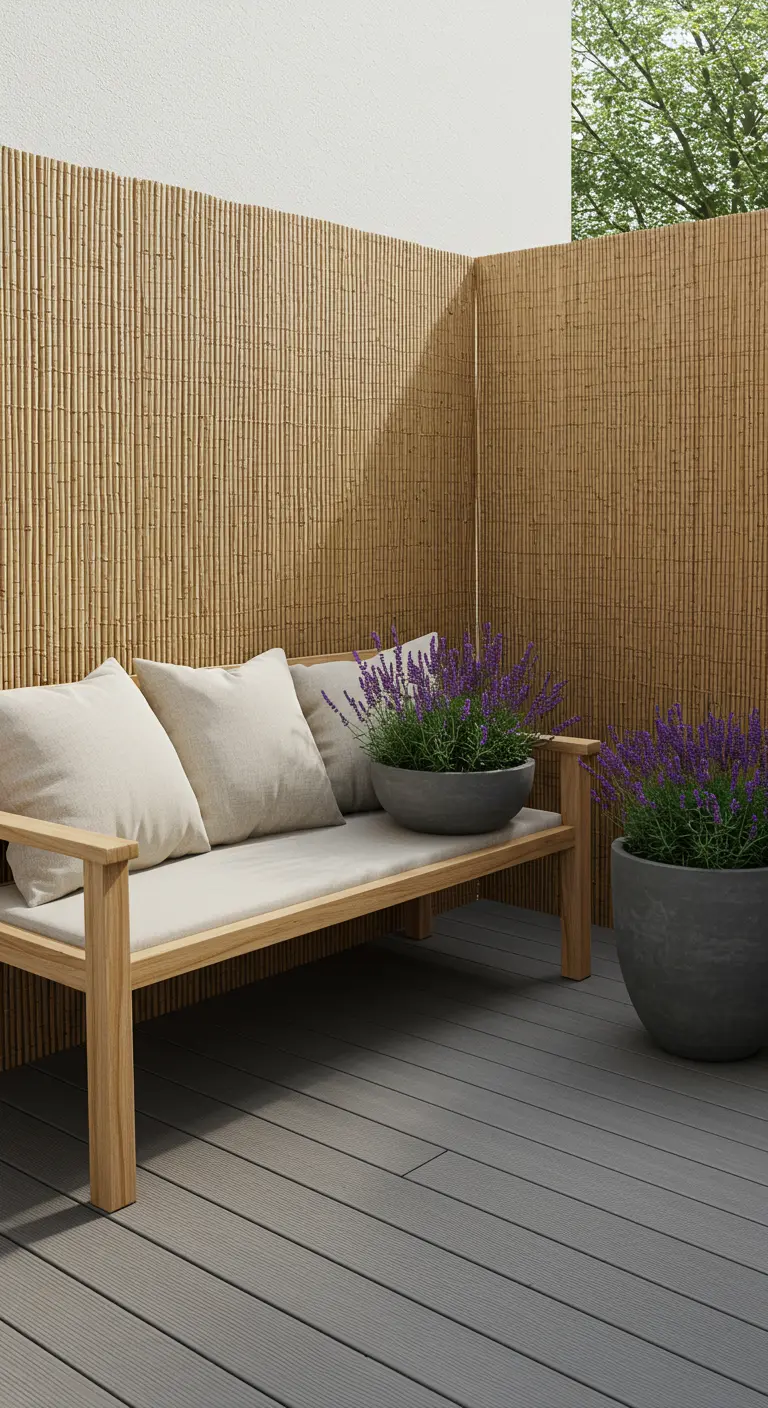A minimalist patio with a wooden bench, bamboo privacy screen, and two lavender pots on grey decking.
