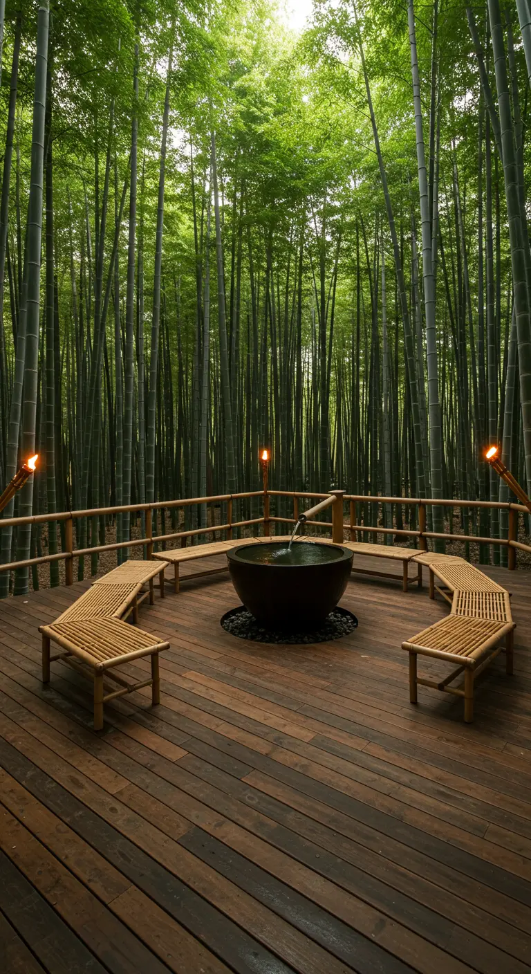 Curved bamboo benches on a wooden deck in a bamboo forest, centered on a black water bowl.