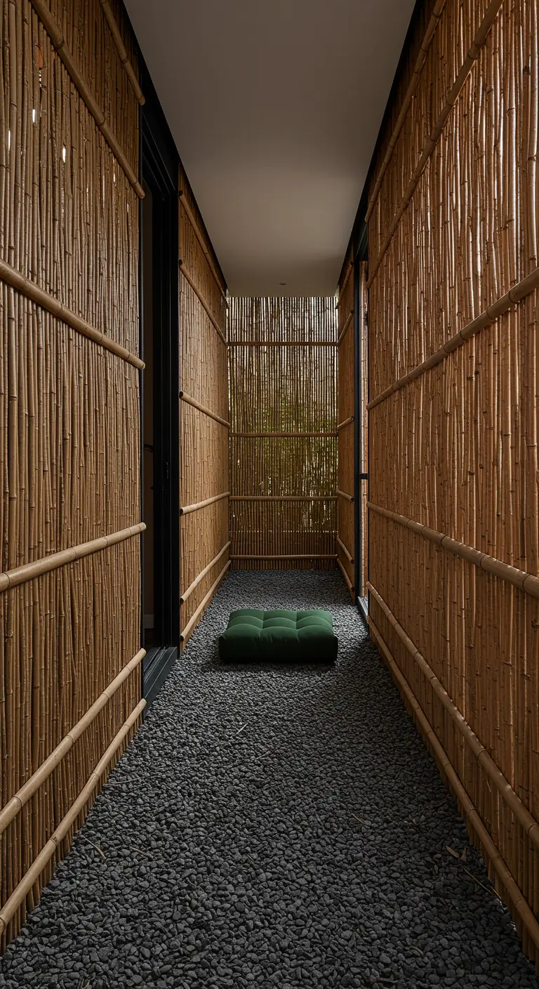 A narrow balcony enclosed by bamboo walls on both sides, with a pebble floor.