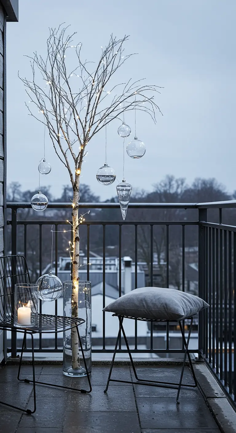 A bare birch tree in a glass vase on a balcony with minimal ornaments.