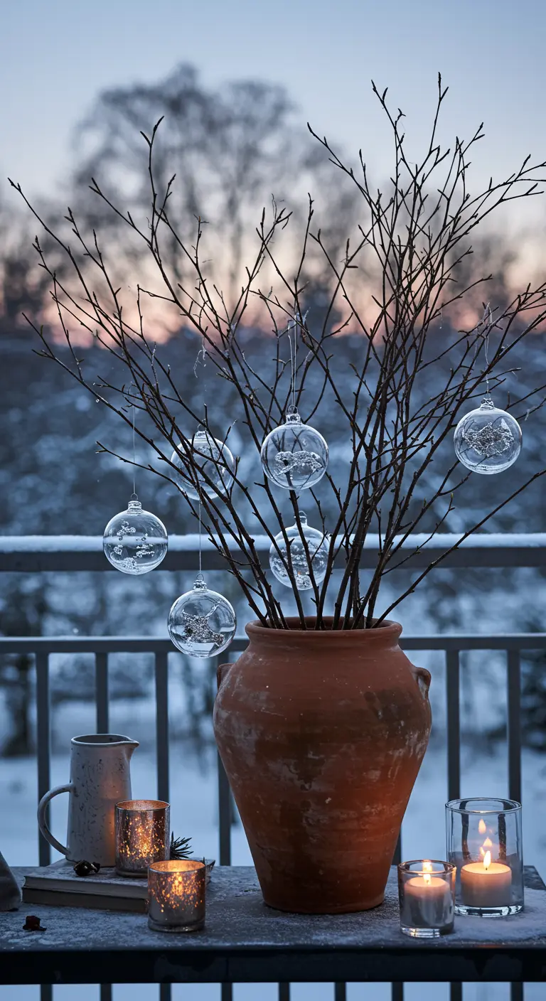 Bare branches in a terracotta pot decorated with clear glass ornaments at twilight.