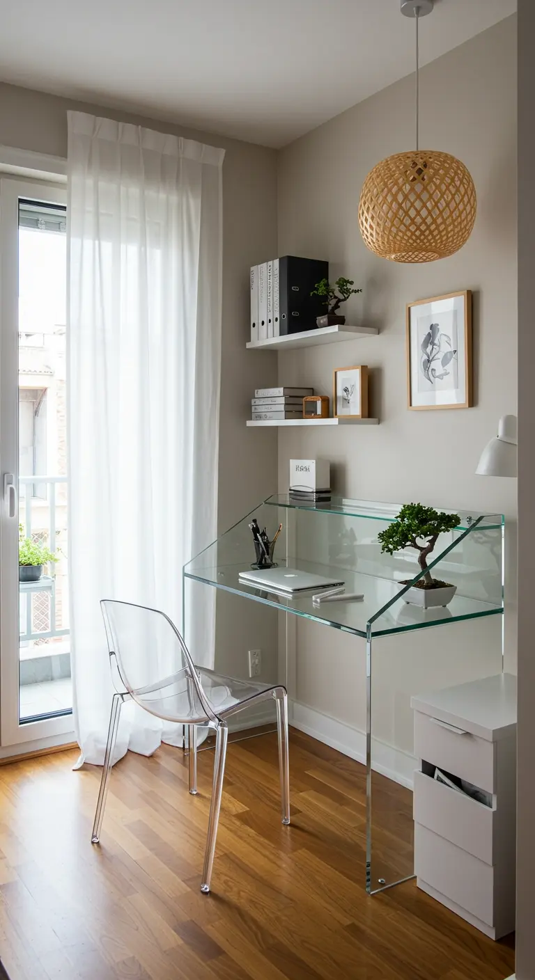 A compact home office with a sleek all-glass desk and a transparent acrylic chair.