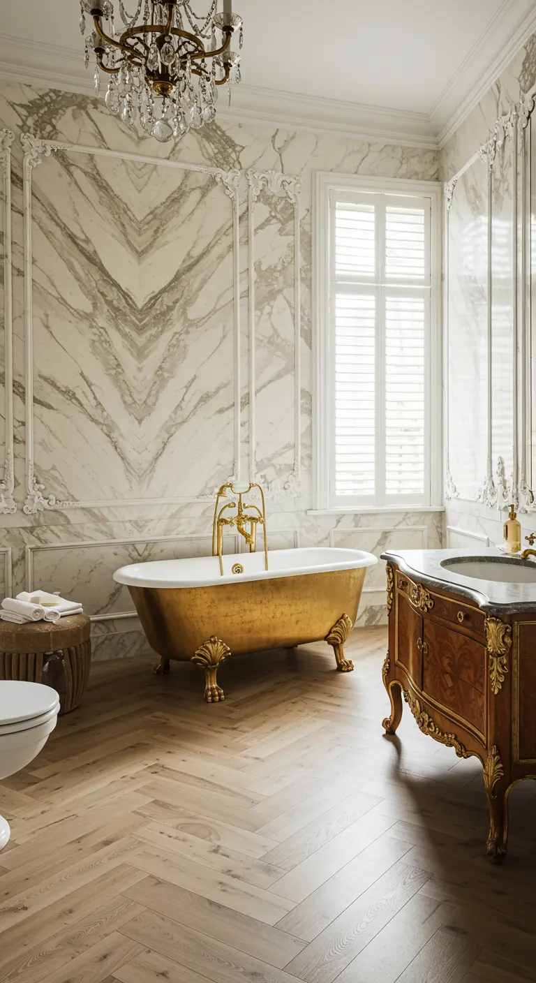 Parisian bathroom with a gold clawfoot tub, bookmatched marble walls, and a vintage vanity.