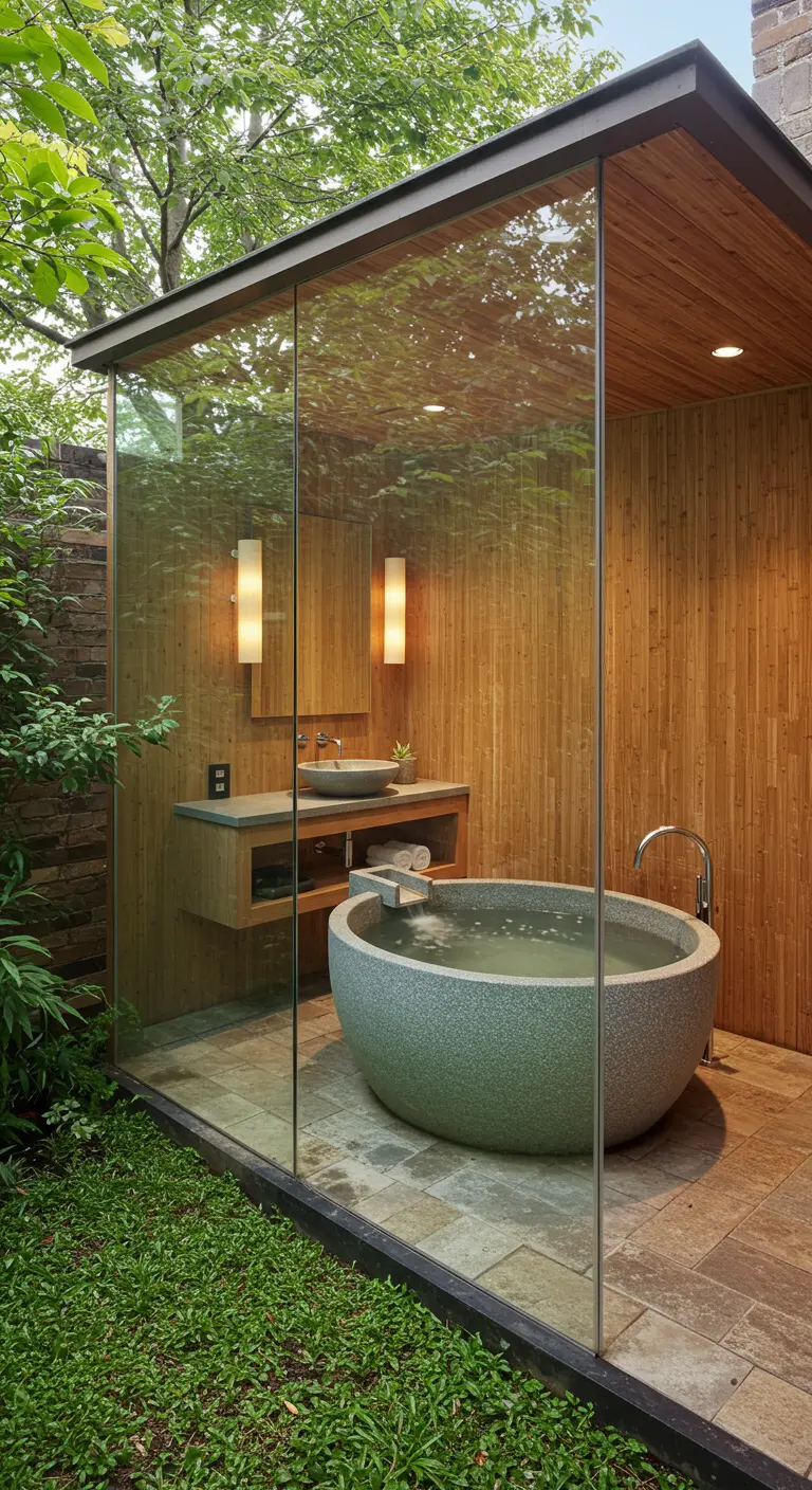 Glass-enclosed bathroom in a garden setting with a round stone tub and wood paneling.