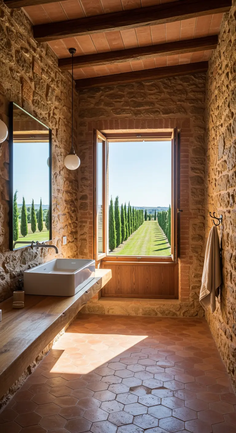 A bathroom with a large window framing a view of cypress trees.