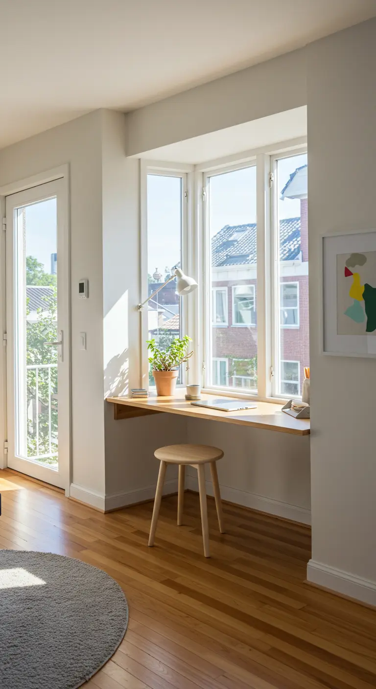 A simple wooden desk built into a sunlit bay window, with a small wooden stool.