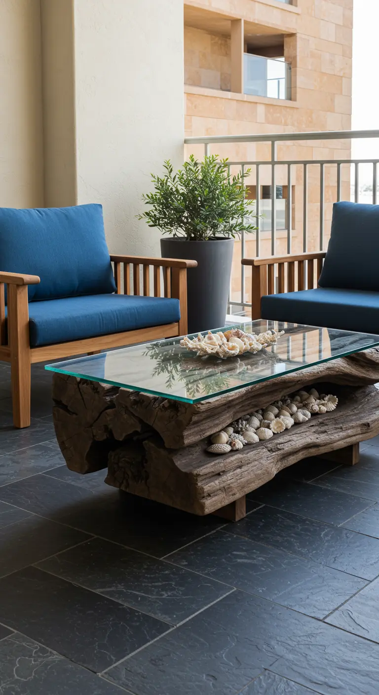 A driftwood coffee table with a glass top, filled with a collection of seashells.