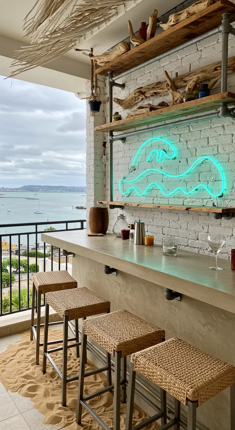 A coastal-themed balcony bar with whitewashed brick, driftwood shelves, and sand on the floor.