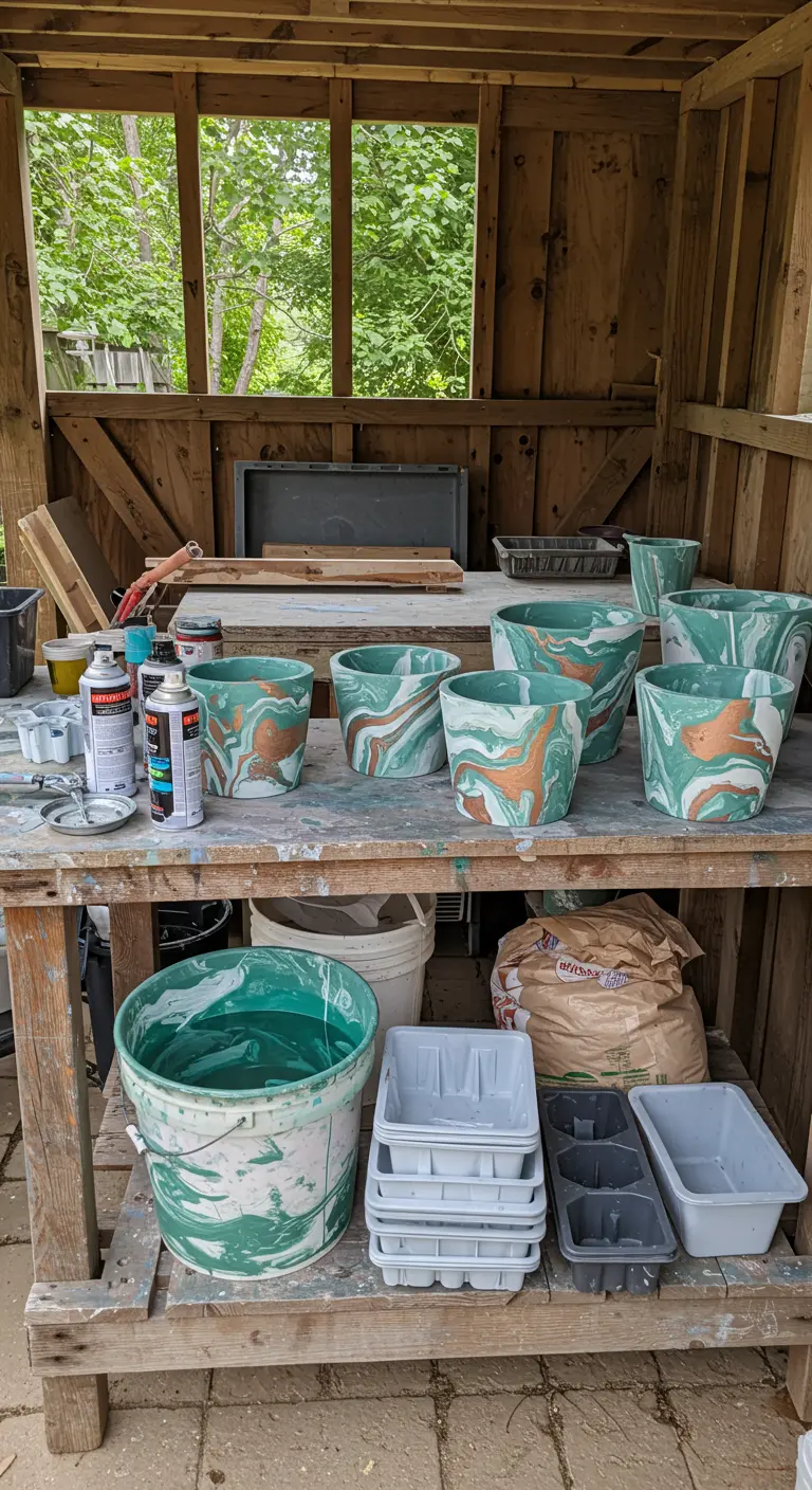 A messy potting bench with buckets, spray paint, and newly marbled planters in mid-process.