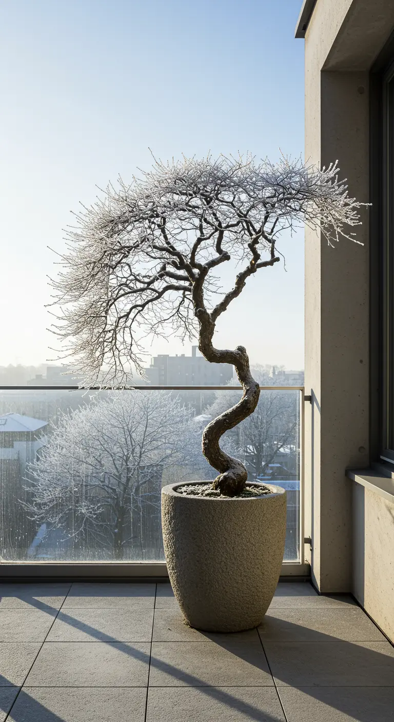 A sculptural, dormant deciduous tree with a twisted trunk, covered in frost, in a stone pot.