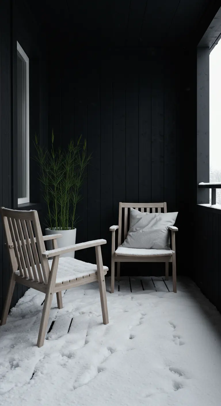 Two light wood chairs on a snow-covered balcony with a dramatic black painted wall.