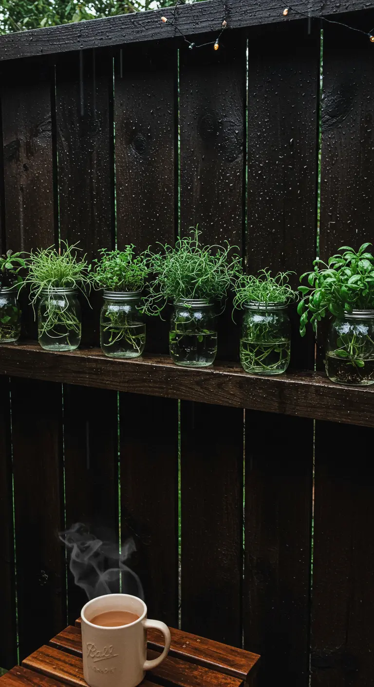 A row of herb jars on a dark, wet wooden shelf during the rain, with a cup of coffee in the foreground.