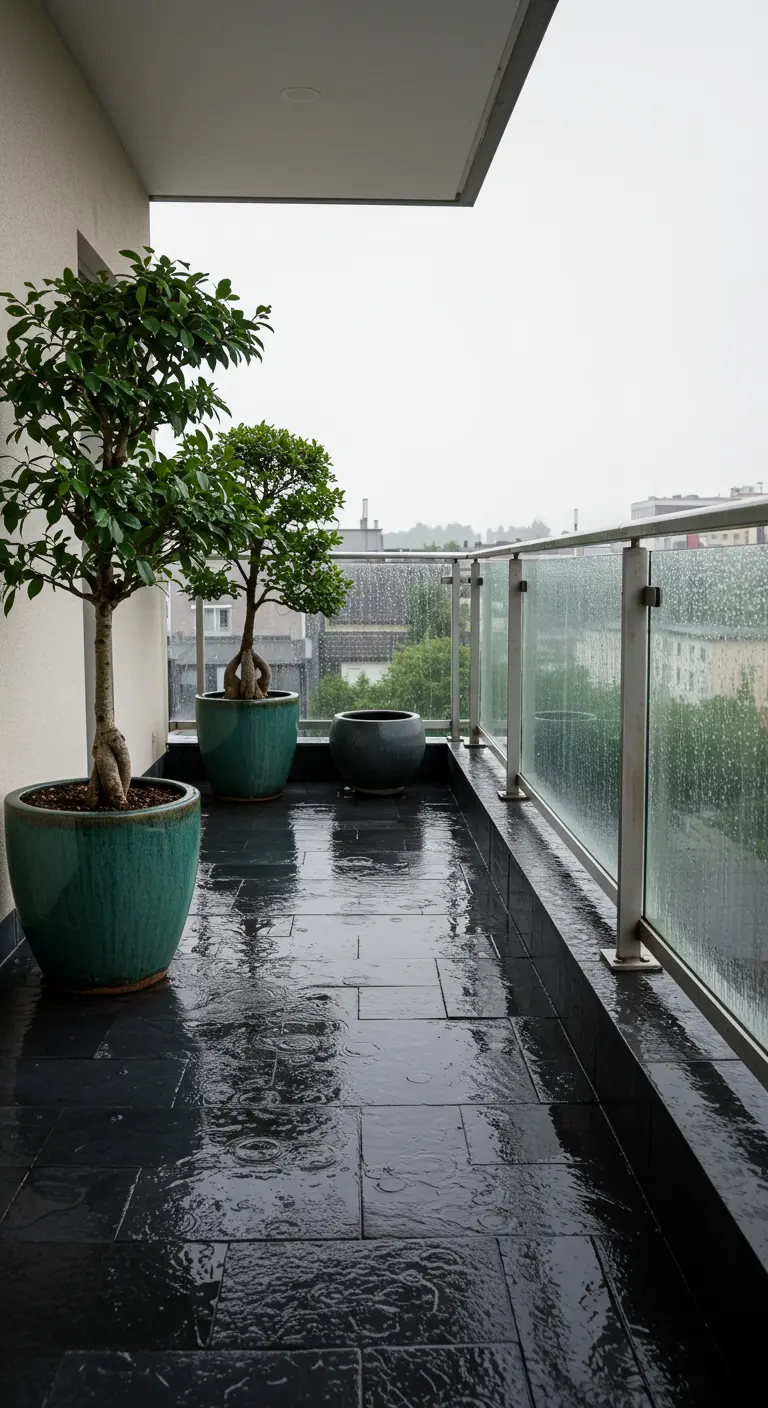 Rainy balcony with wet slate tiles and three bonsais in vibrant turquoise pots.