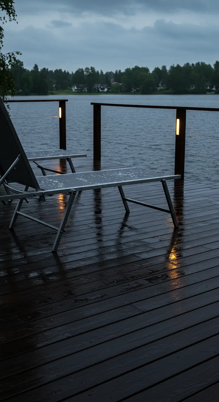 Rain-covered sunbeds on a dark, wet deck with warm post lights reflecting on the surface.