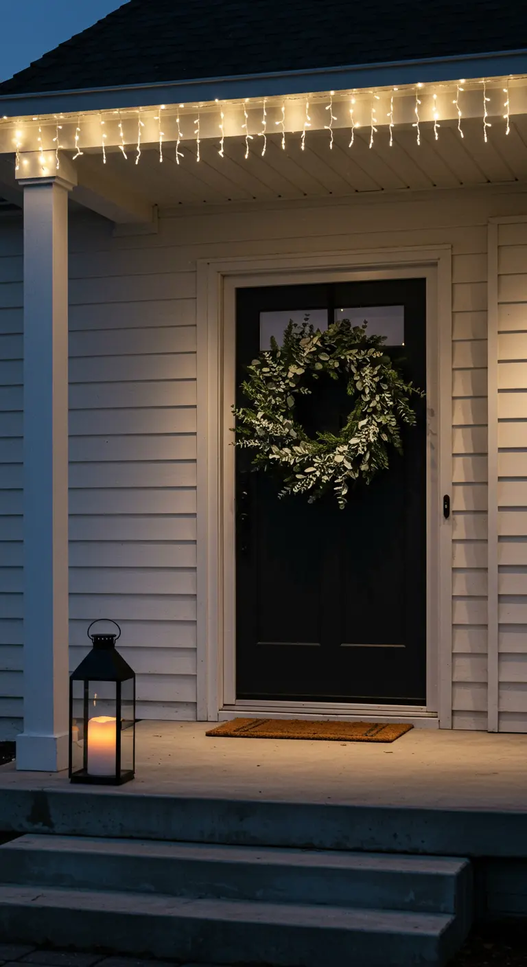 Minimalist porch with a black door, a large eucalyptus wreath, and a black lantern on the side.