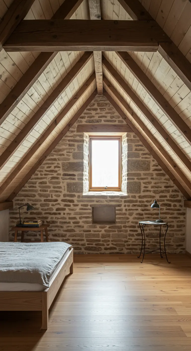 An attic bedroom with exposed wood beams and a bed tucked under the eaves.