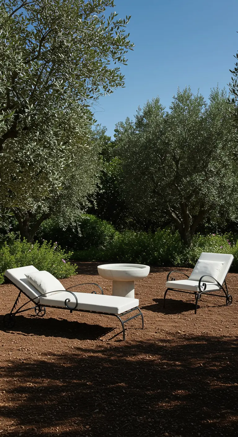 Two white-cushioned loungers and a stone birdbath on a patch of bare, raked earth.