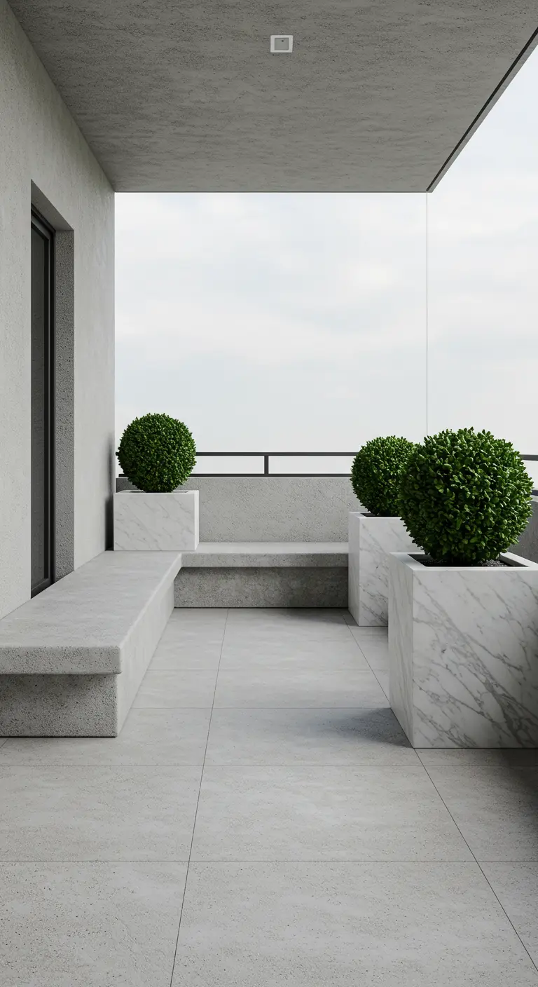 Minimalist concrete balcony with built-in benches and planters with round shrubs.