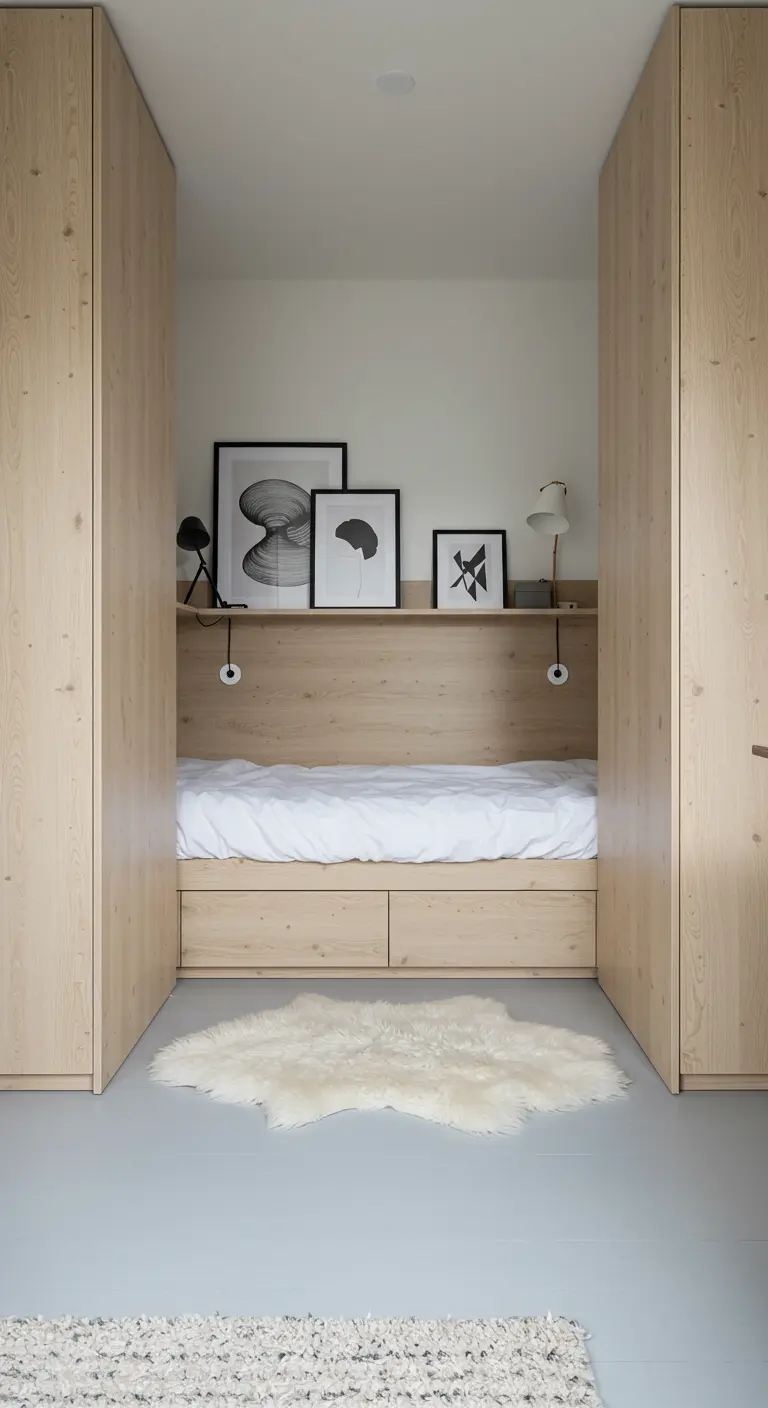 Bed nook framed by two tall light wood cabinets with a display shelf.