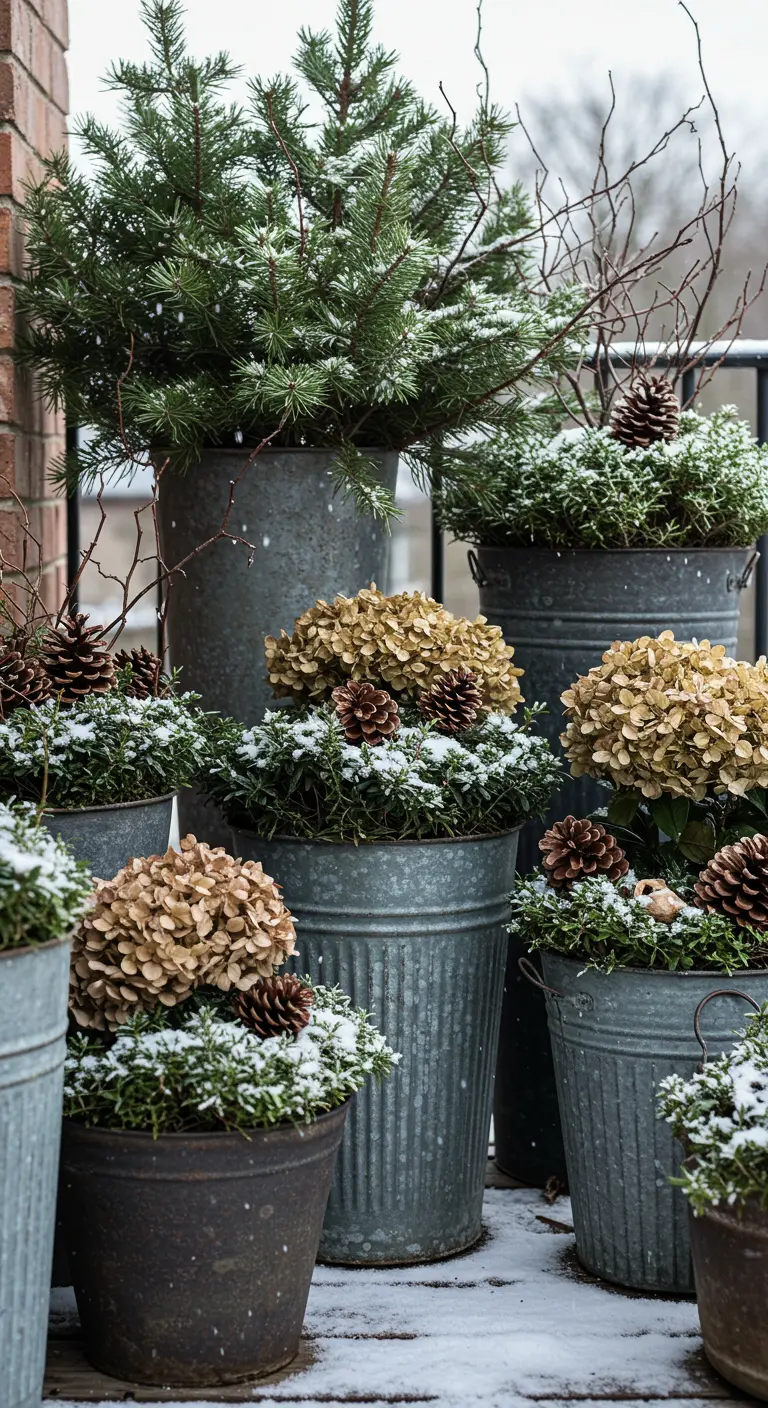 Dried hydrangea blooms and pinecones in galvanized buckets on a snowy porch.