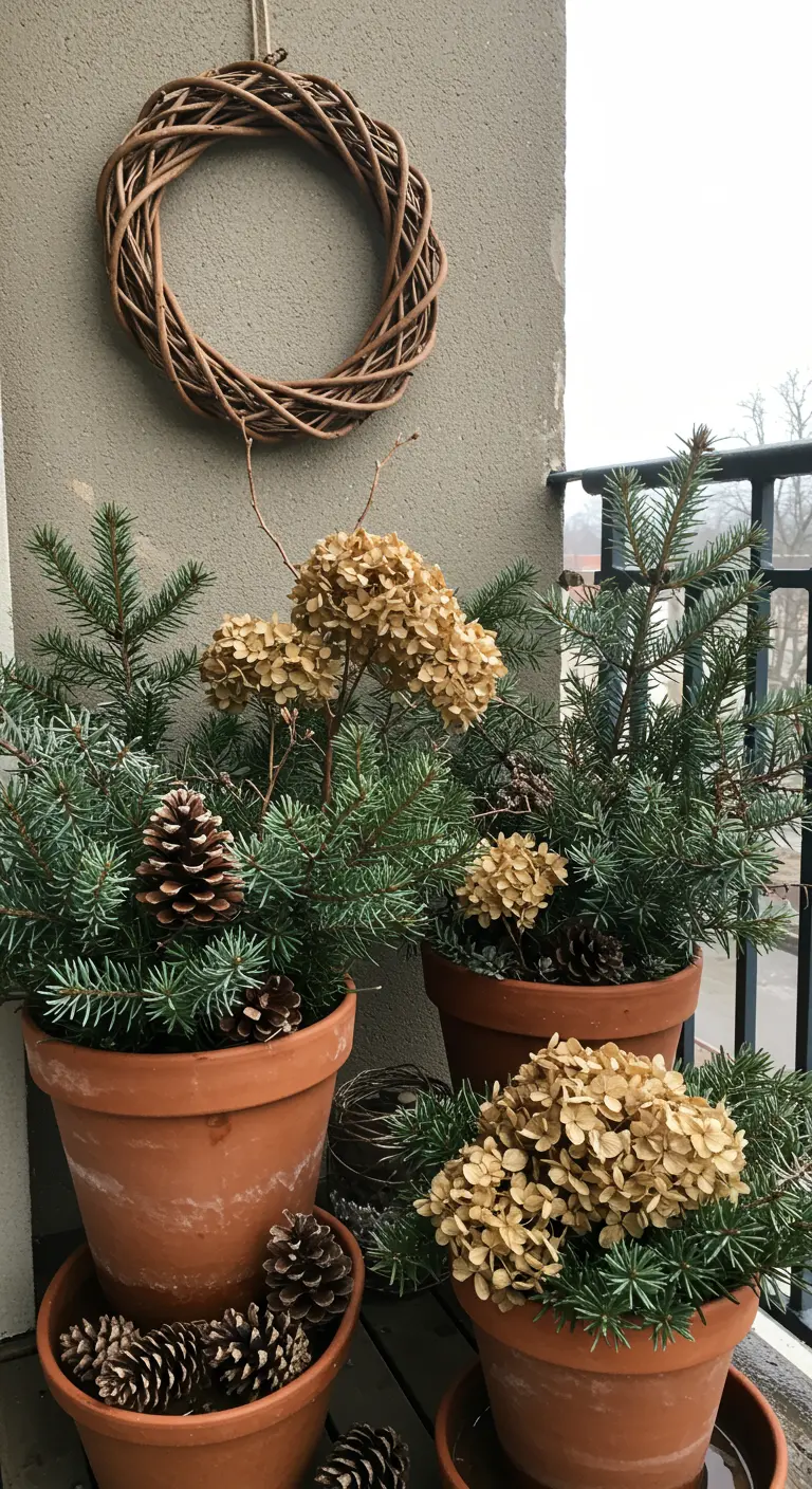 Dried hydrangea blooms and pinecones arranged with evergreen cuttings in terracotta pots.
