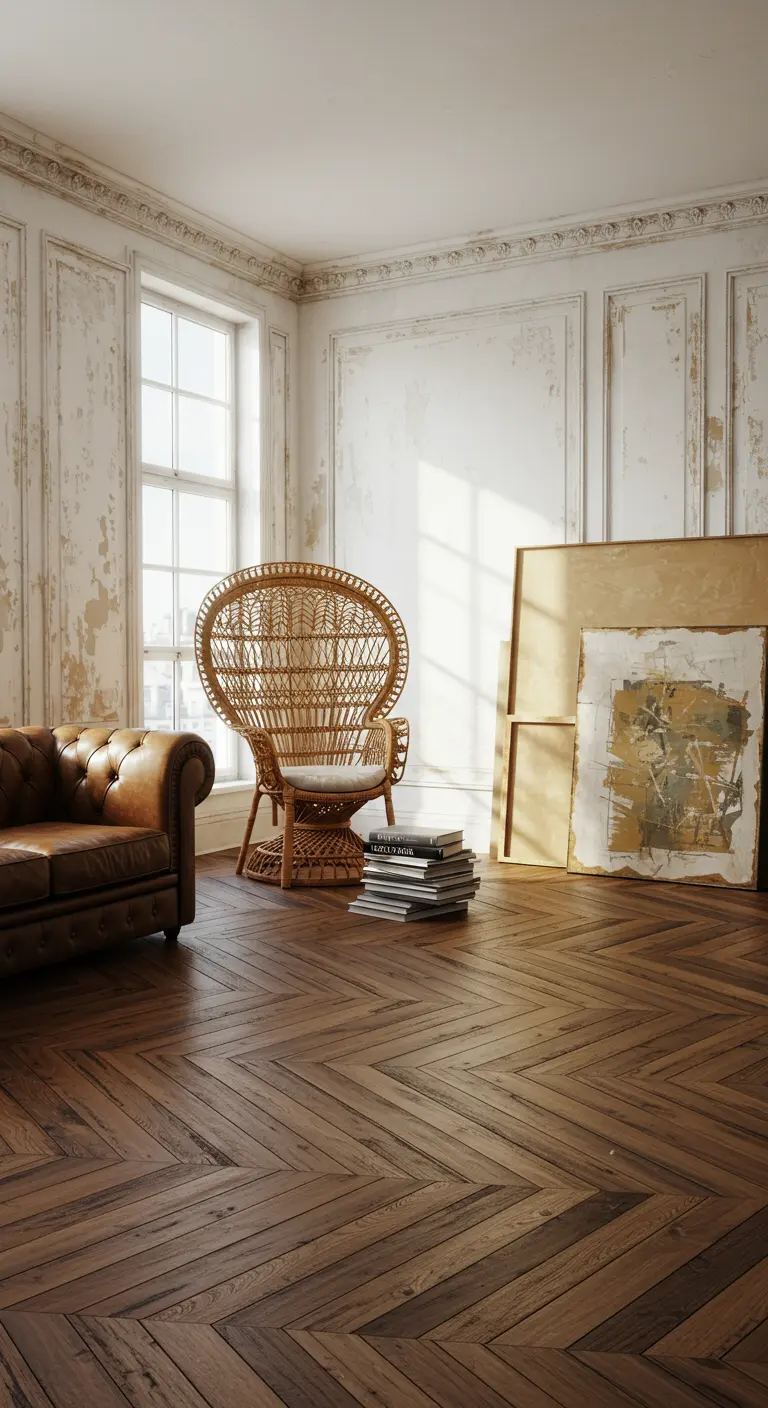 Living room with distressed walls, a leather chesterfield, and a rattan peacock chair.