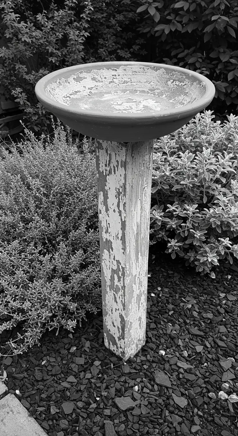 A simple gray birdbath on a heavily distressed white post with peeling paint.