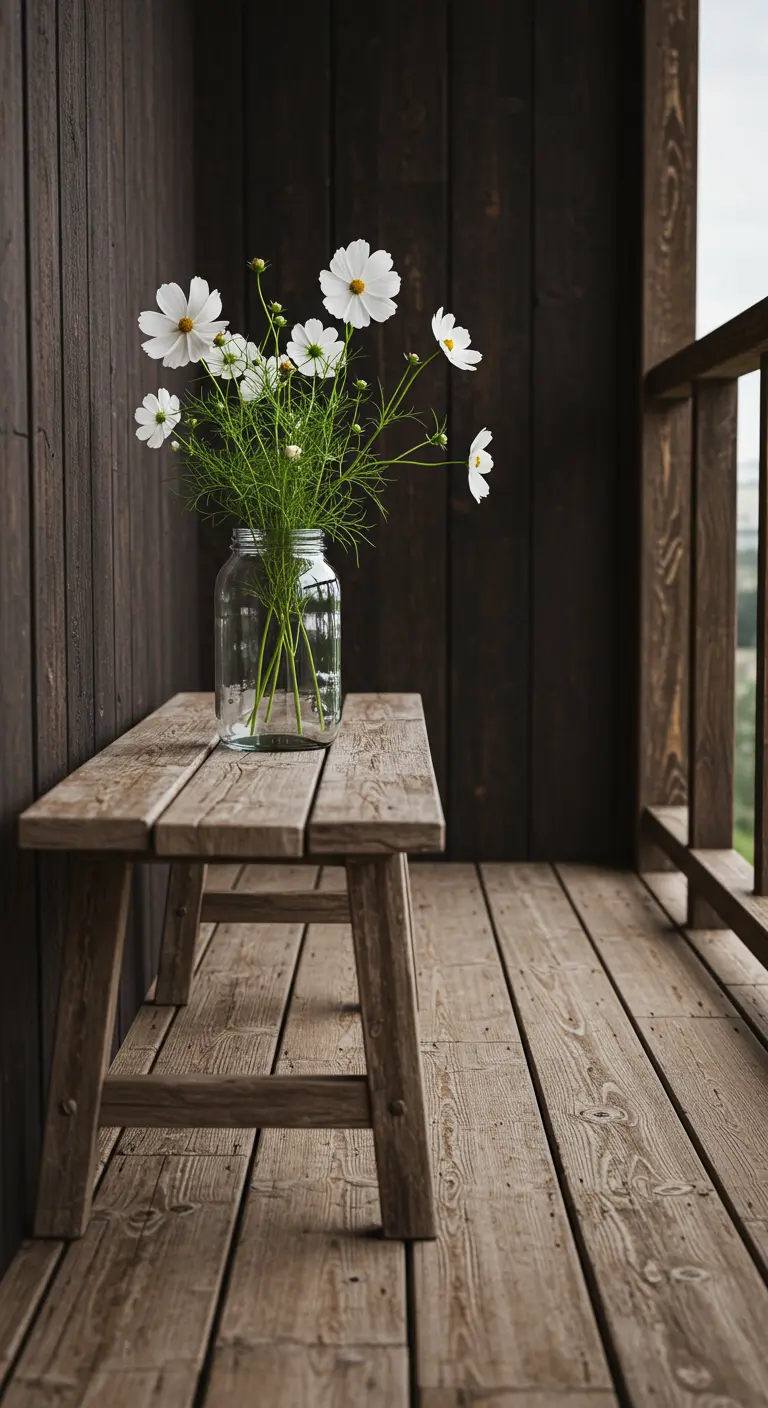 A simple wooden bench on a dark wood balcony, holding a single glass jar with white cosmos flowers.