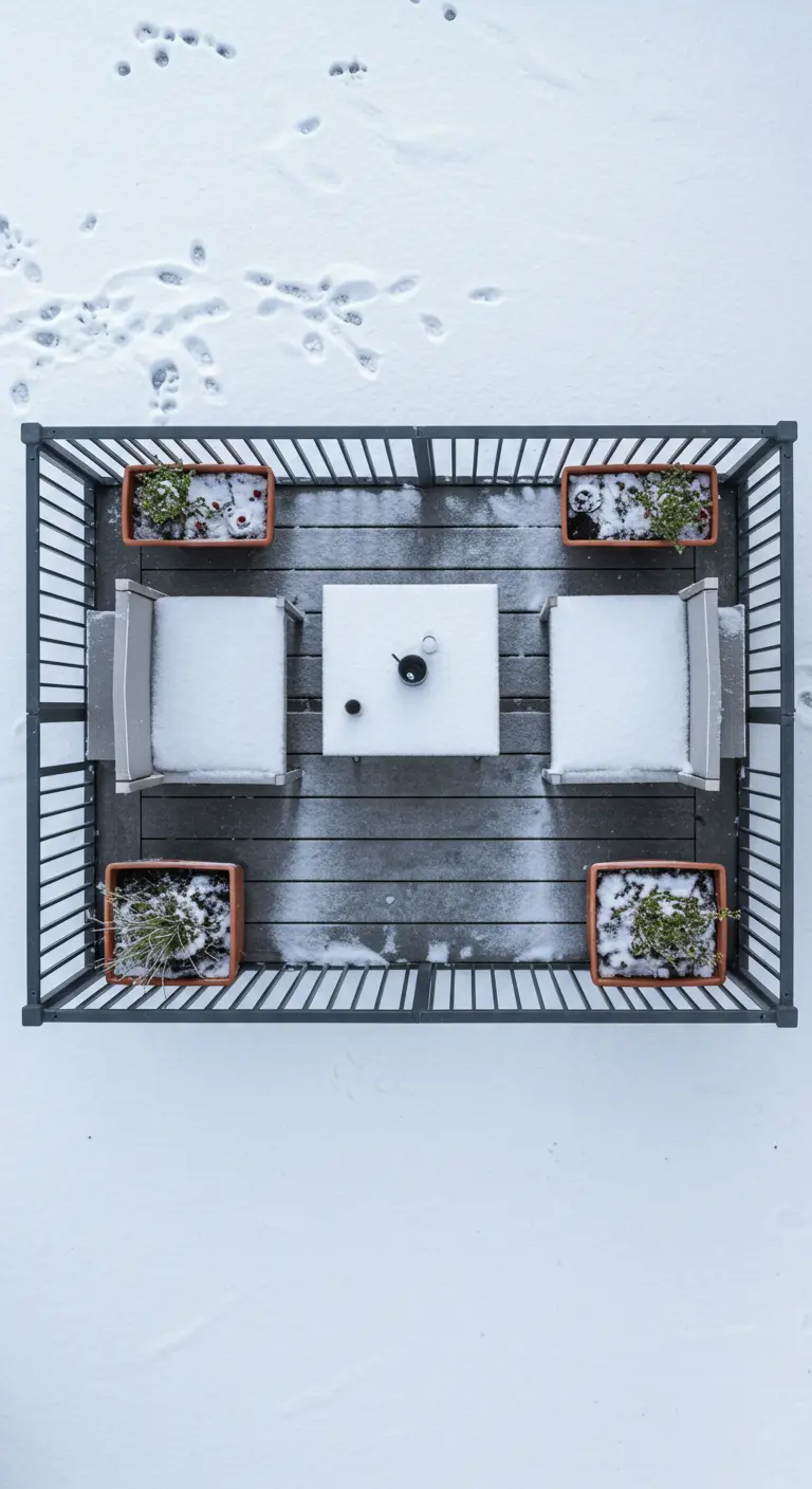 A bird's-eye view of a symmetrical balcony layout with four planters and two chairs.
