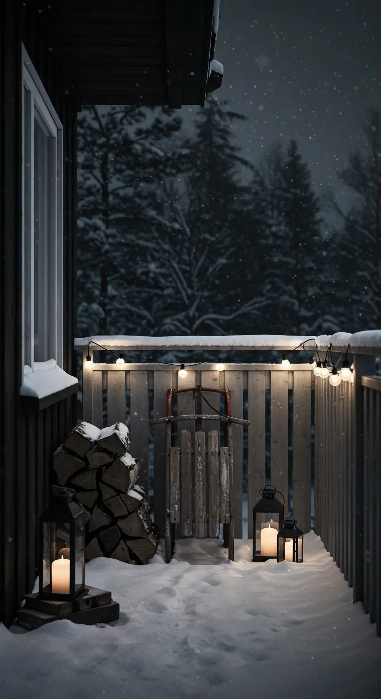 A dark, snowy balcony with a sled, two lanterns, and simple string lights.