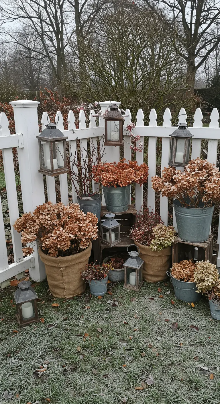A collection of dried hydrangeas in rustic pots and buckets, decorated with many lanterns.