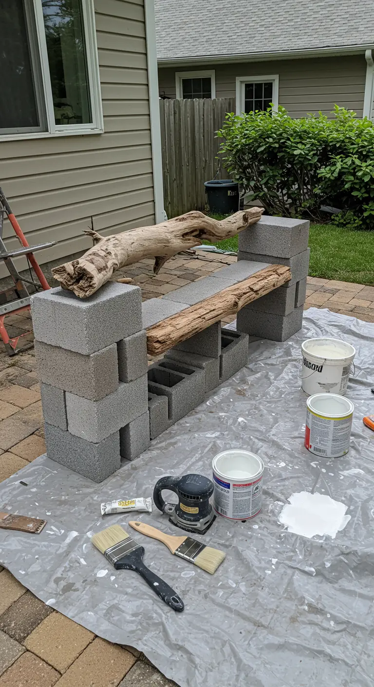 The process of building a cinder block bench, showing blocks, wood, paint, and tools.
