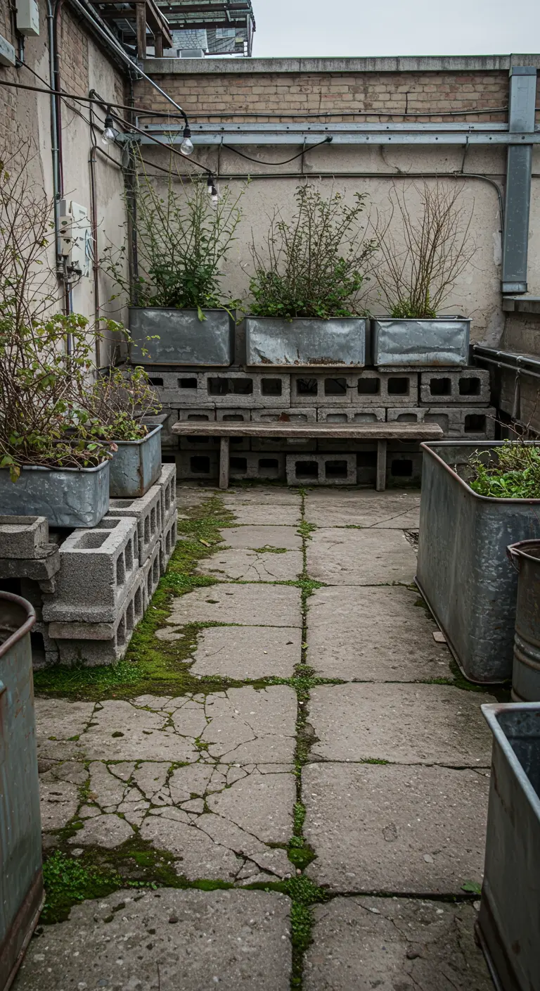 A gritty rooftop garden with cinder block planters and mossy concrete pavers.
