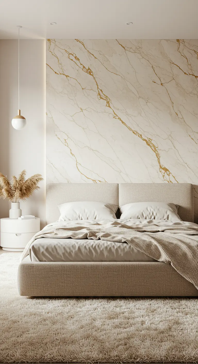 A calm, neutral bedroom with a subtle white and gold marble wall and layered beige textiles.