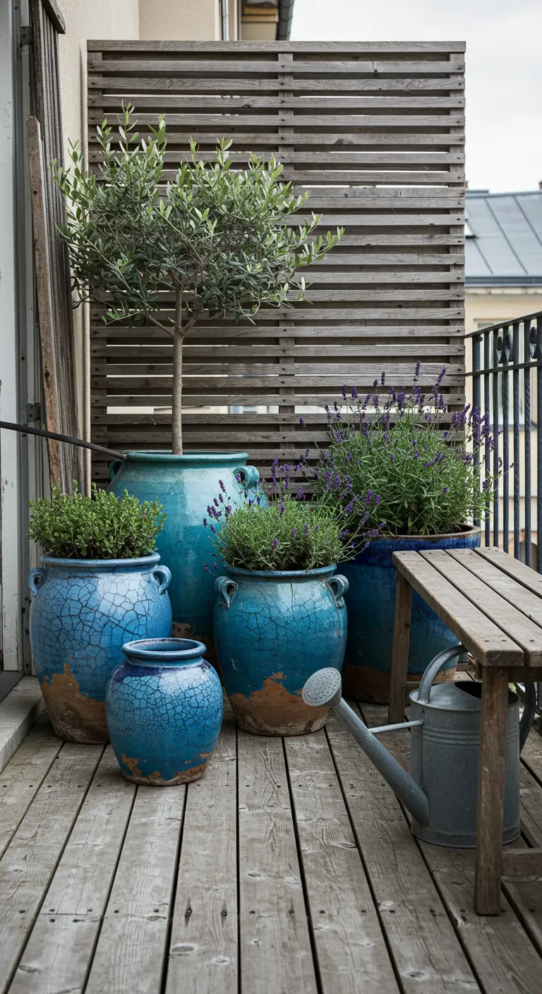 Rustic balcony with weathered turquoise pots with a crackle finish and an old wooden bench.