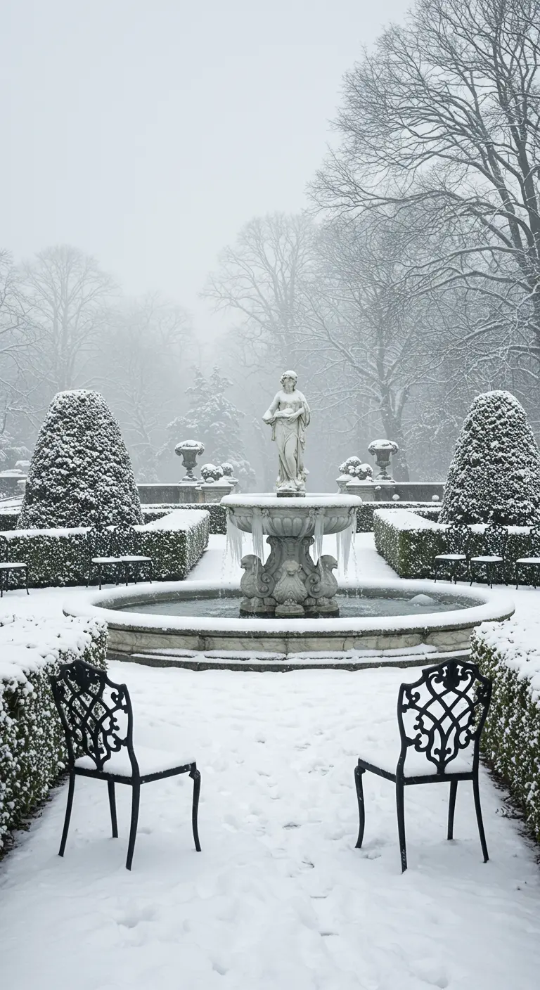Two black ornate chairs face each other in a snowy garden with a frozen fountain.