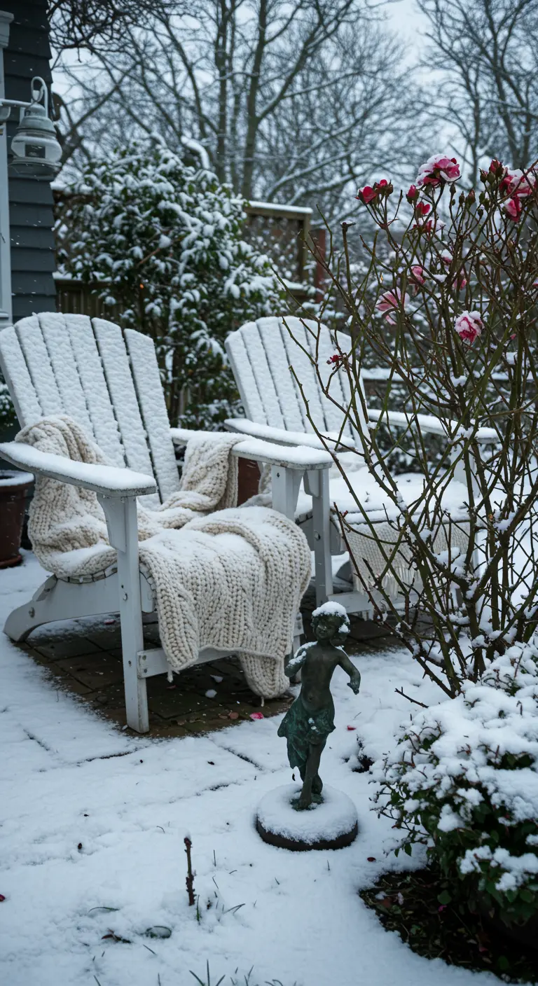 A small bronze statue and two snow-covered Adirondack chairs with knit throws in a winter garden.