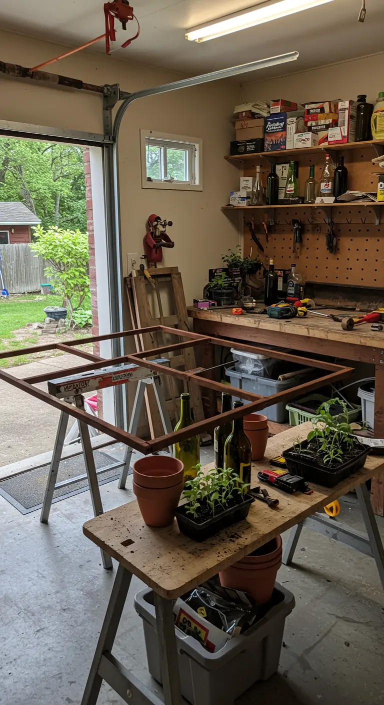 A metal frame on sawhorses in a garage, with pots and plants nearby.