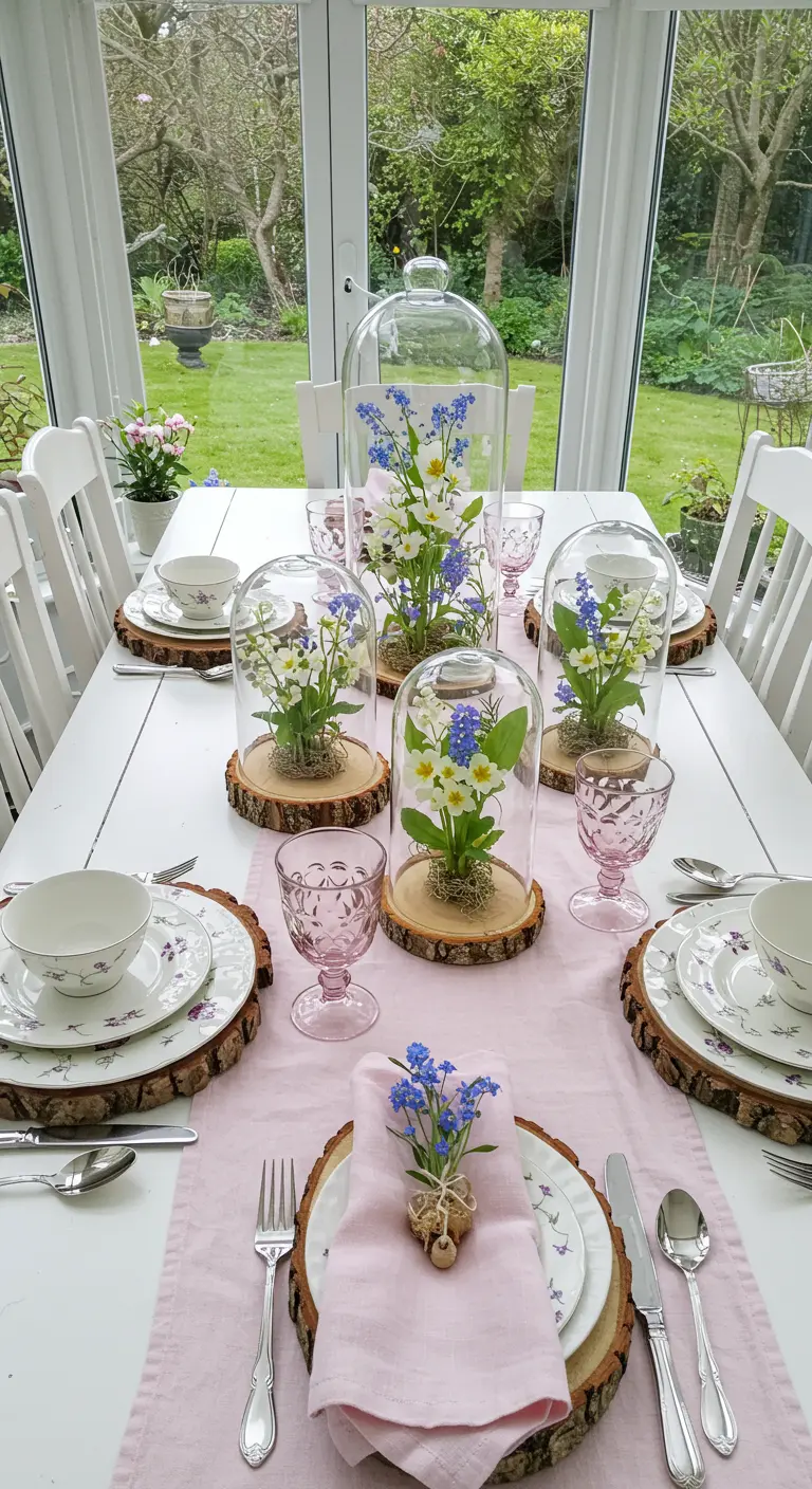 A table with a pink runner where wildflowers are displayed under glass cloches.