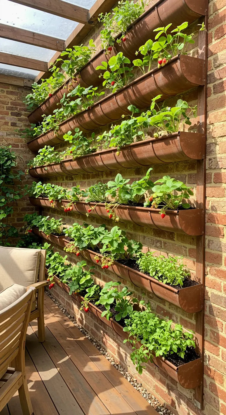 Copper gutters on a brick wall holding strawberry plants with ripe berries