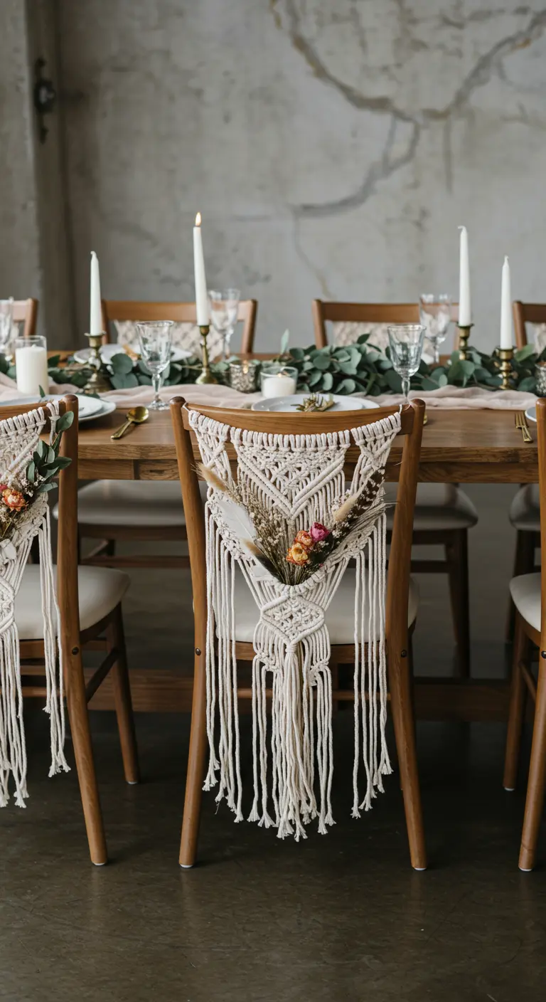 Close-up of a wooden dining chair decorated with a macramé hanging and a small dried flower bouquet.