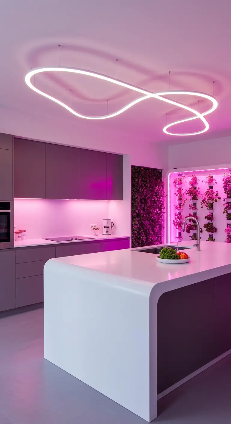 Modern kitchen with a white curved island and purple LED lighting illuminating an indoor vertical garden.