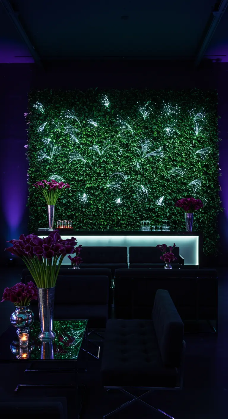 A dark, modern bar with a glowing green wall and purple calla lilies.