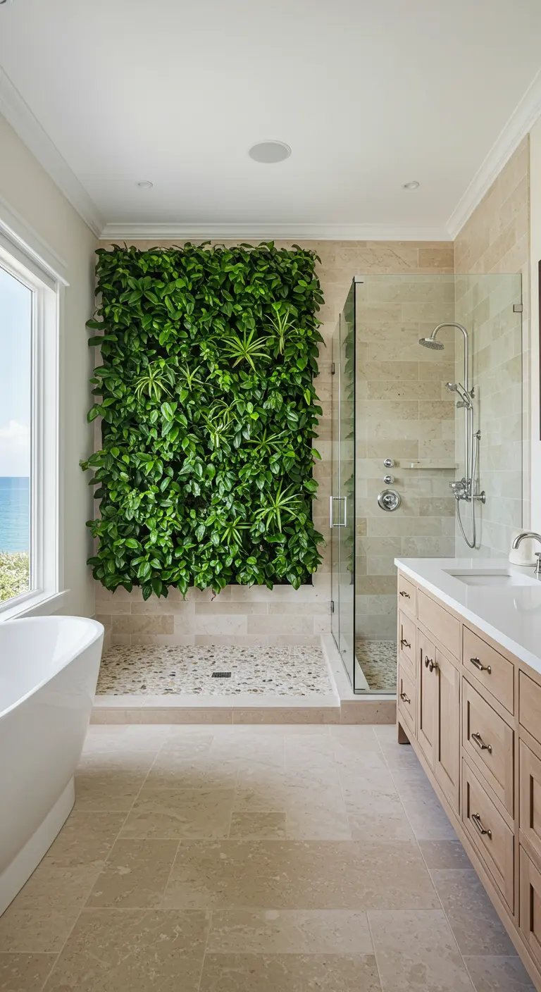 Bathroom with a living wall inside a glass shower and an ocean view.
